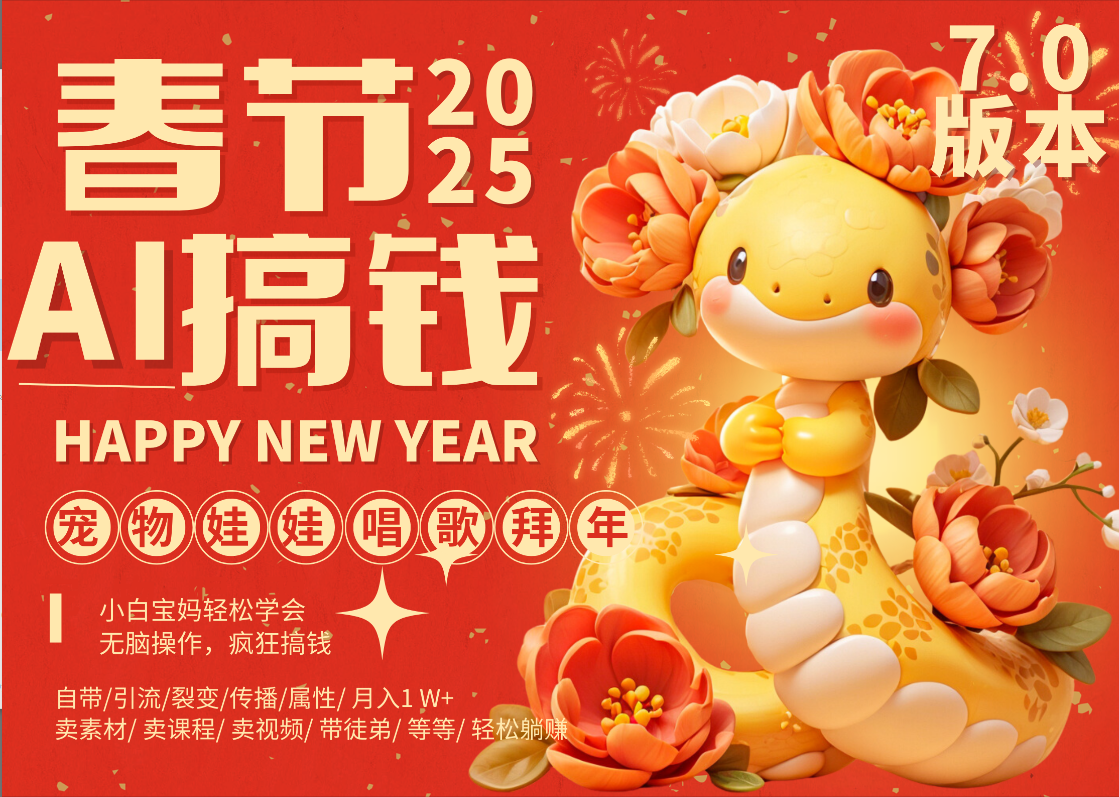 AI春节搞钱7.0升级版 蝴蝶号超火爆萌宠唱歌拜年  AI一键制作 批量出内容   春节做轻松躺赚 每日轻松十分钟  月赚米1W+  抓紧冲！可做视频 可卖素材只带小白和宝妈！_网创掘金