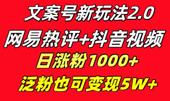 文案号新玩法 网易热评+抖音文案 一天涨粉1000+ 多种变现模式 泛粉也可变现_网创掘金