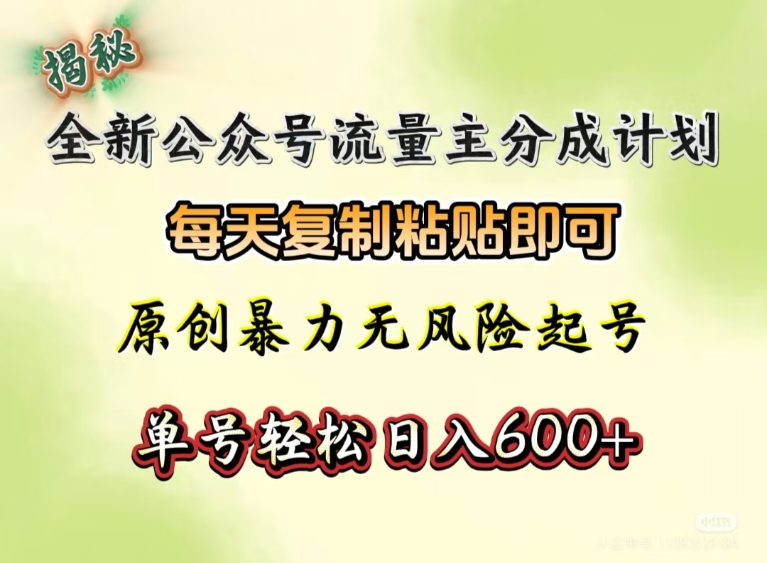 全新公众号流量主分成计划，每天复制粘贴即可，原创暴力起号无风险，单号轻松日入600+（揭秘）_网创掘金