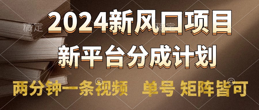 2024风口项目，新平台分成计划，两分钟一条视频，单号轻松上手月入9000+_网创掘金