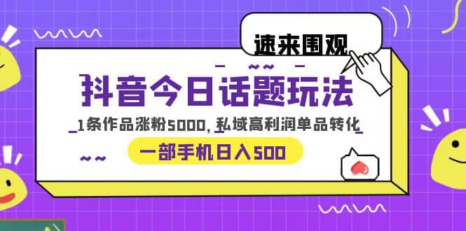 抖音今日话题玩法，1条作品涨粉5000，私域高利润单品转化 一部手机日入500_网创掘金