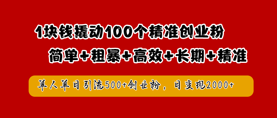 1块钱撬动100个精准创业粉，简单粗暴高效长期精准，单人单日引流500+创业粉，日变现2000+_网创掘金