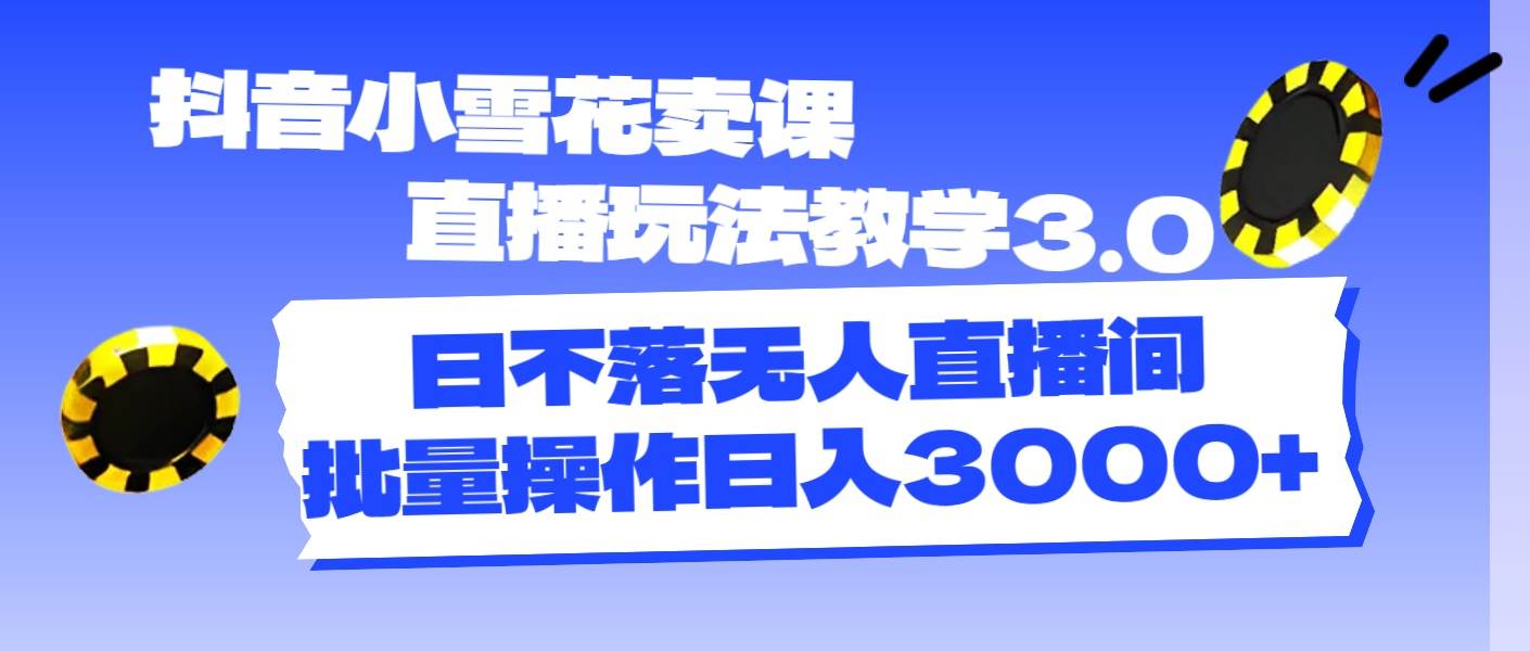 抖音小雪花卖课直播玩法教学3.0，日不落无人直播间，批量操作日入3000+_网创掘金