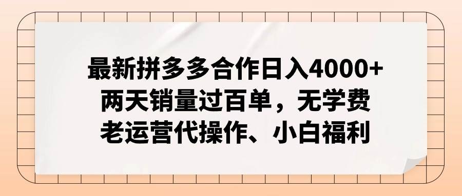 最新拼多多合作日入4000+两天销量过百单，无学费、老运营代操作、小白福利_网创掘金
