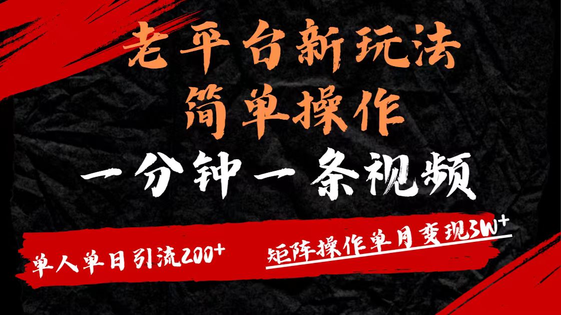 老平台，新玩法，简单操作，一分钟一条视频，单人单人引流200+矩阵操作，单月变现3W_网创掘金