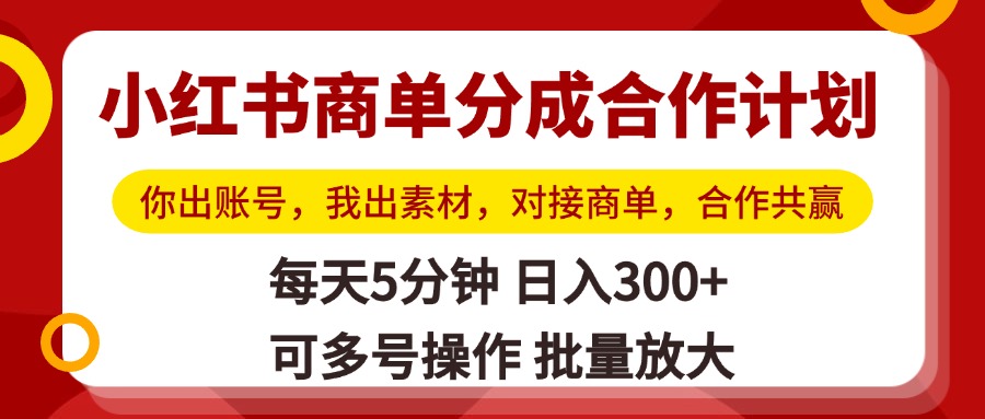 小红书商单分成合作计划，你出账号，我出素材，对接商单，合作共赢，单号日入300+，可批量放大_网创掘金