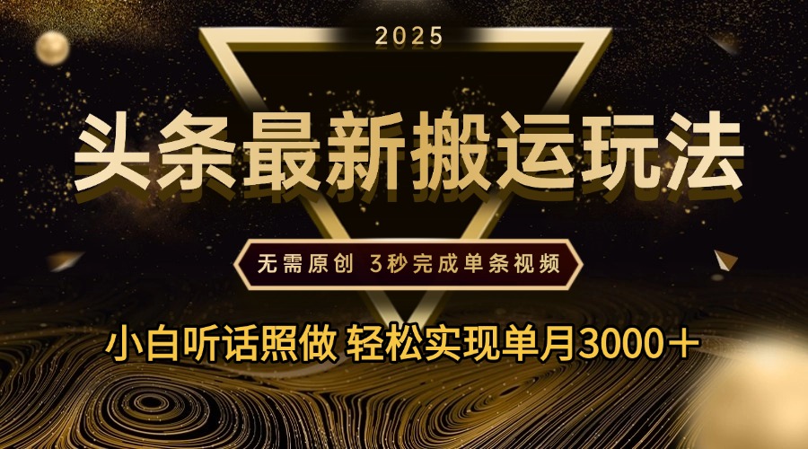 2025年今日头条最新搬运玩法，无需原创3秒完成视频轻松实现单月3000＋_网创掘金